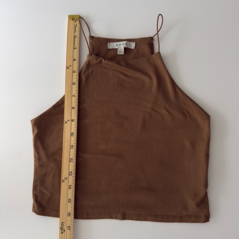 Gaze Faux Suede High Neck Cami Crop Top Women Small Brown Minimalist Boho - Picture 5 of 6